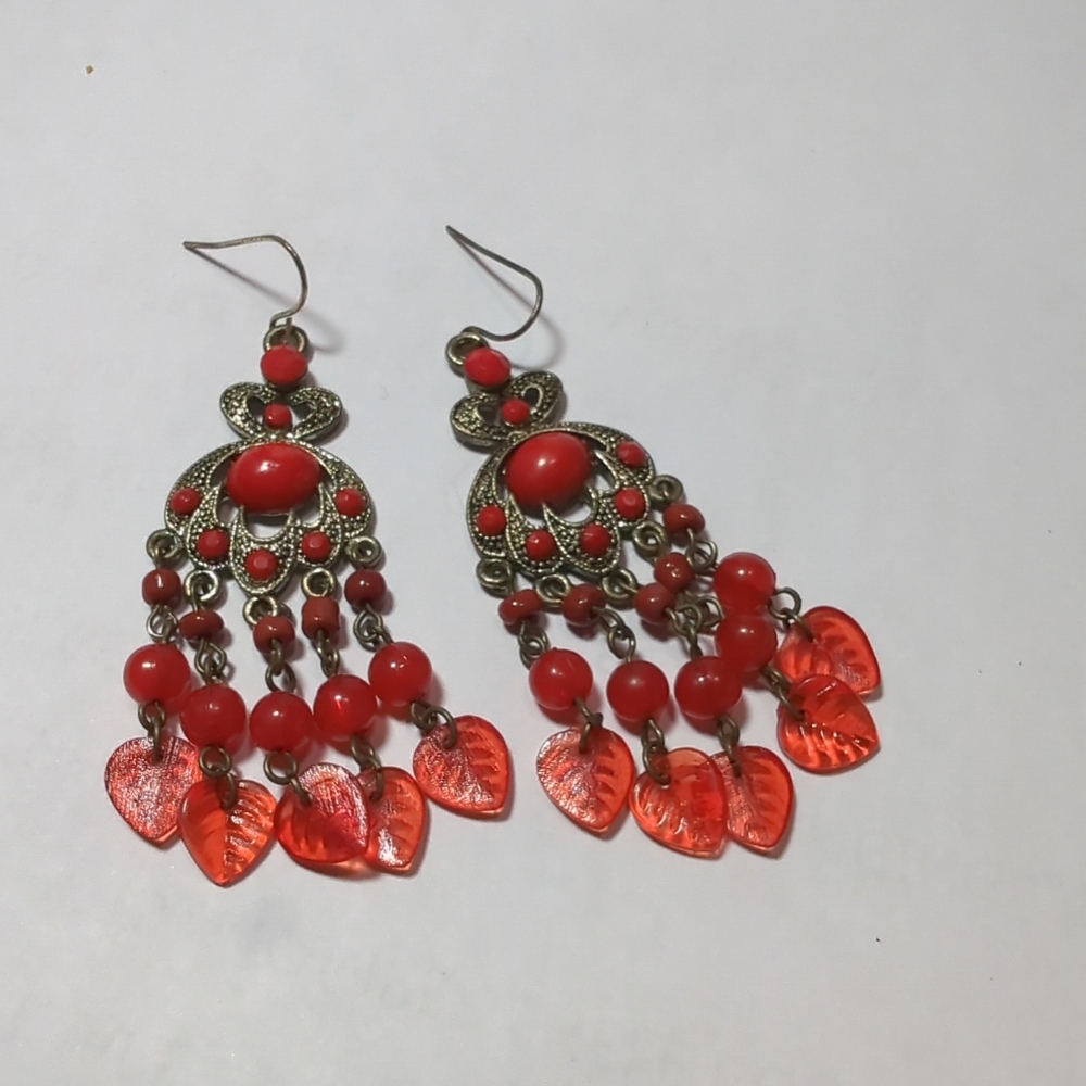 Red Dangle Drop Chandelier Earrings New 2 1/2" Long